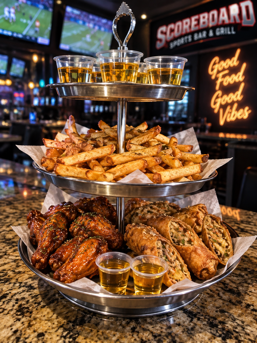 Scoreboard Platter with wings, egg rolls, fries and shooters